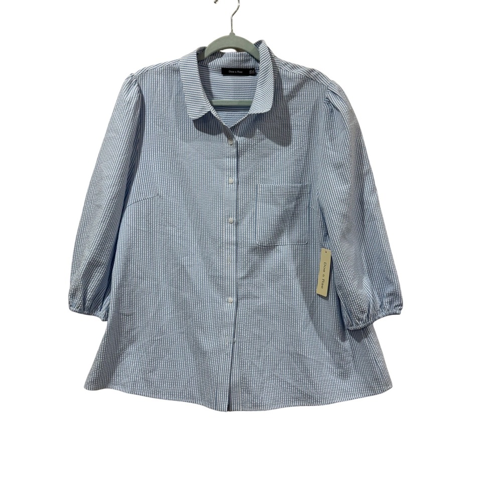 Doe & Rae Womens 1XL Blue White Striped Seersucker 3/4 Sleeve Button Down Blouse